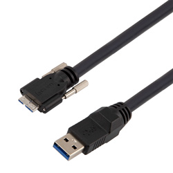 高柔性拖链级USB3.0线缆组件，A型公头/至带机器视觉翼形螺丝的Micro-B型公头， 28/26/22AWG，VW-1阻燃等级PVC护套，黑色，0.5米的图片